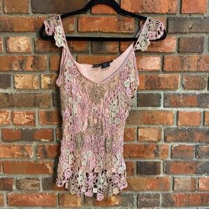 Cami International womens open weave crochet y2k boho fairy tank top pink L